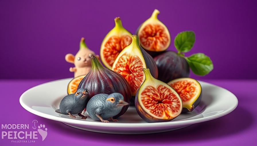 Graphic of fresh figs with playful animals on purple background; Can Pets Eat Figs.