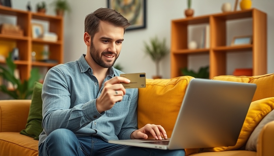 Man booking a flight on a laptop, holding a credit card, living room setting.