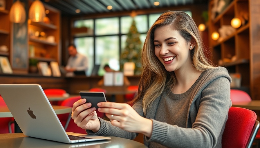 Woman using Citi ThankYou Rewards in cafe for shopping online.