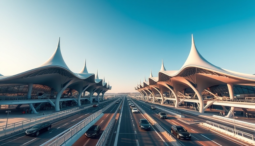 Futuristic architecture of a nuclear-powered airport with cars on roadway.