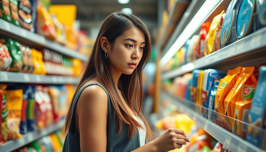 Woman shopping amid grocery store staples, highlighting shrinkflation.