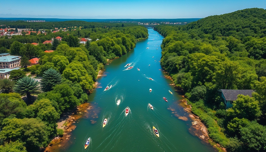 Vibrant river scene in Bend Oregon with kayaks, greenery.