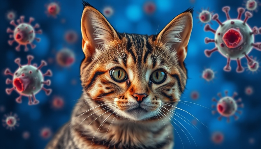 Toxoplasmosis in cats illustration with cat and virus graphics.