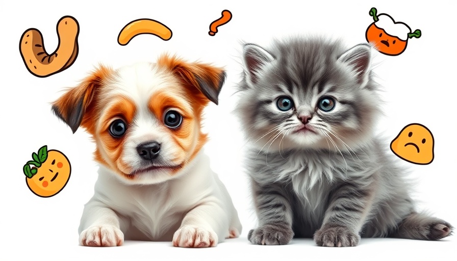 Puppy and kitten with digestive distress icons, pet digestive distress.