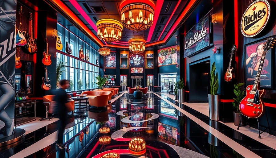 Vibrant hotel lobby with music theme, perfect for music lovers.