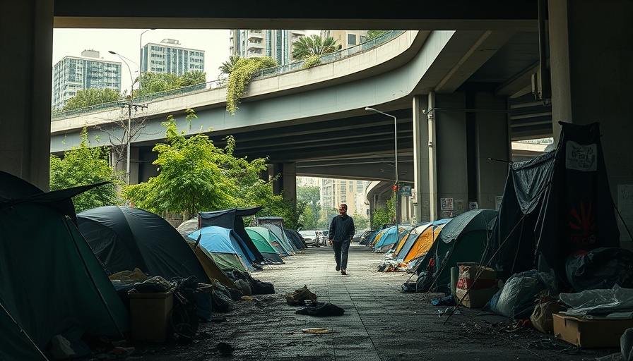 Homeless encampment under California freeway highlighting housing cuts.