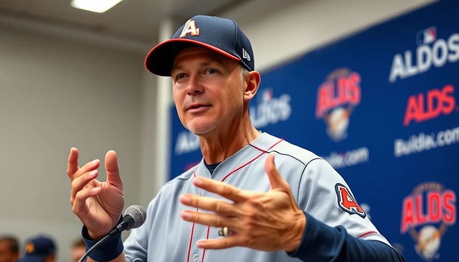 Yankees coach gestures passionately at ALDS press conference.