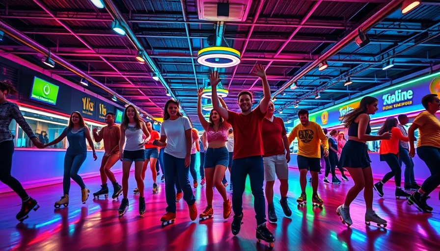 Vibrant roller skating celebration at Taylor Swift release party.