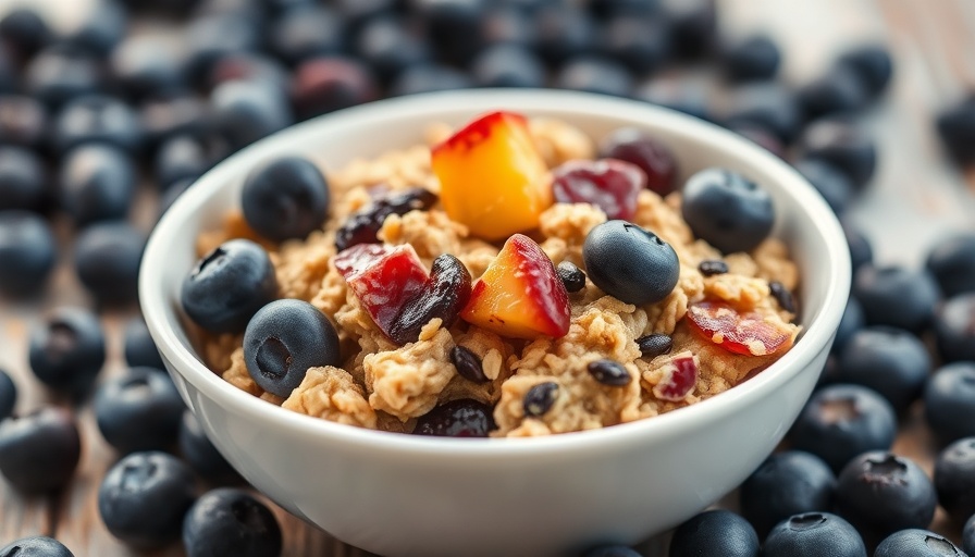 Bowl of baked oatmeal with fresh fruit, surrounded by blueberries.