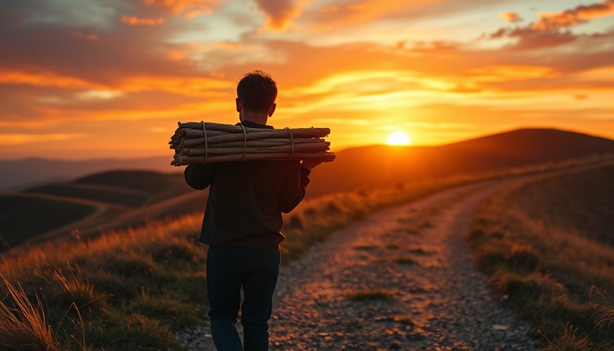 Inspirational scene of burdened man at sunset, symbolizing The Weight of Regrets and Self-Forgiveness.