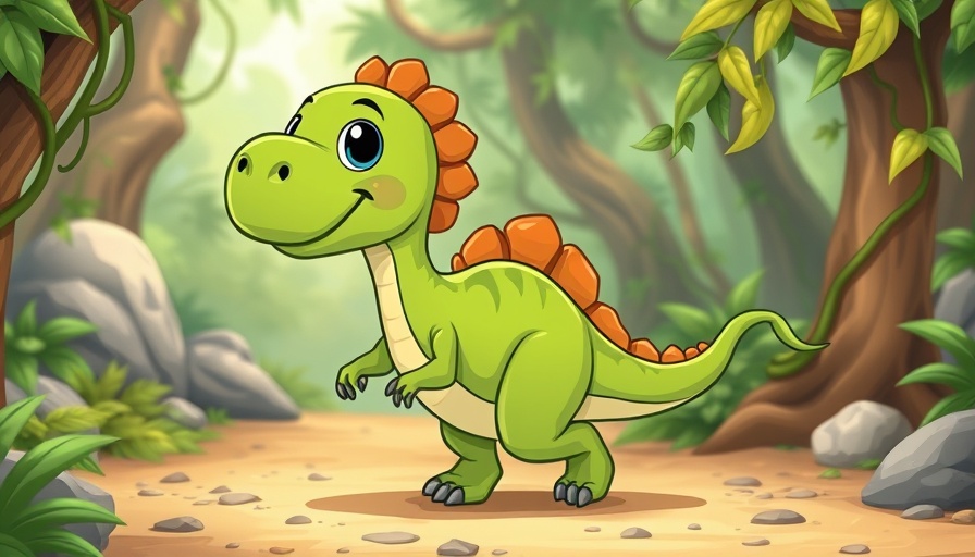 Cartoon dinosaur playfully walking through a jungle, 2025 Classic Physique Olympia contenders concept.