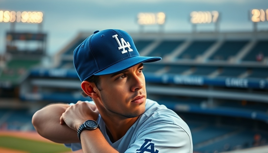 Dodgers player in thoughtful pose at baseball stadium.