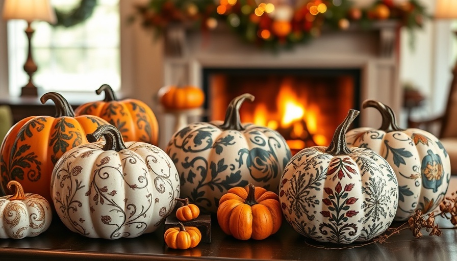 Elegant MacKenzie-Childs fall decor with patterned pumpkins.