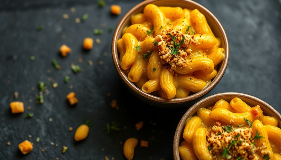 Delicious creamy butternut squash mac and cheese topped with herbs.