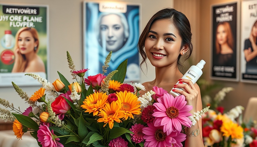 Elegant woman with floral backdrop, promoting wellness products for fall.