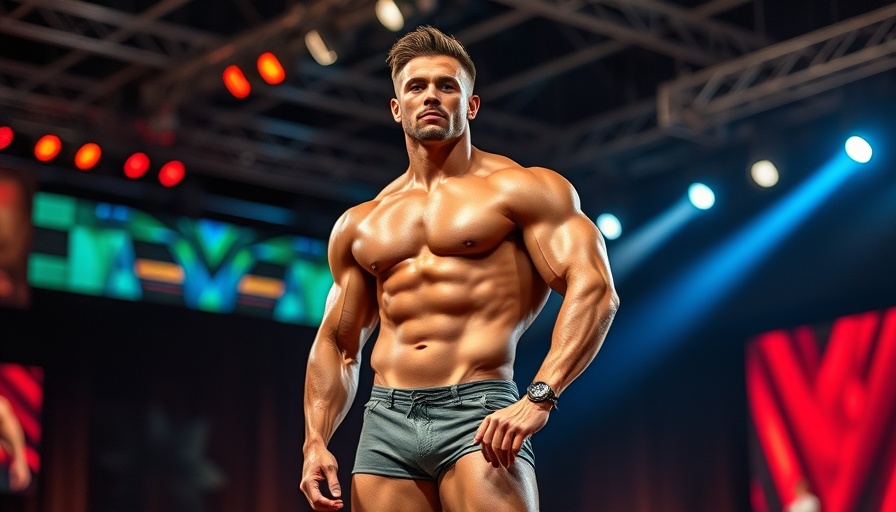 Bodybuilder showcasing physique at 2025 Men's Physique Olympia competition stage.