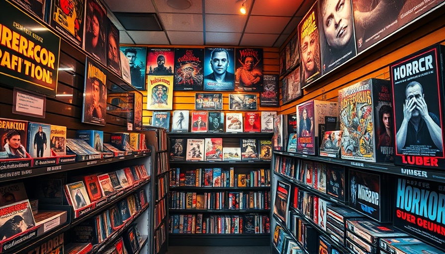Vibrant Slashback Video store with horror movie displays for horror fans.