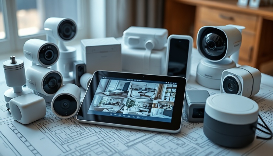 Smart home security devices on a table with a tablet showing footage.