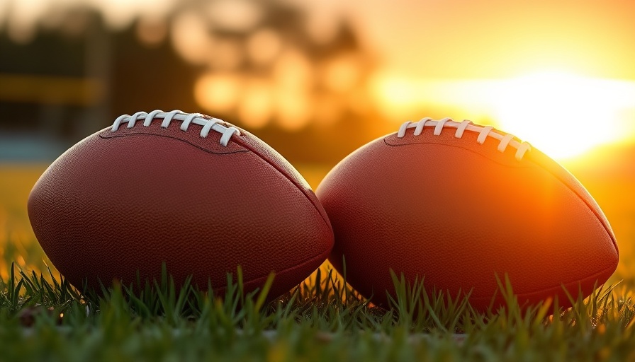 Close-up of footballs on field at sunset, high school football schedule week 8.