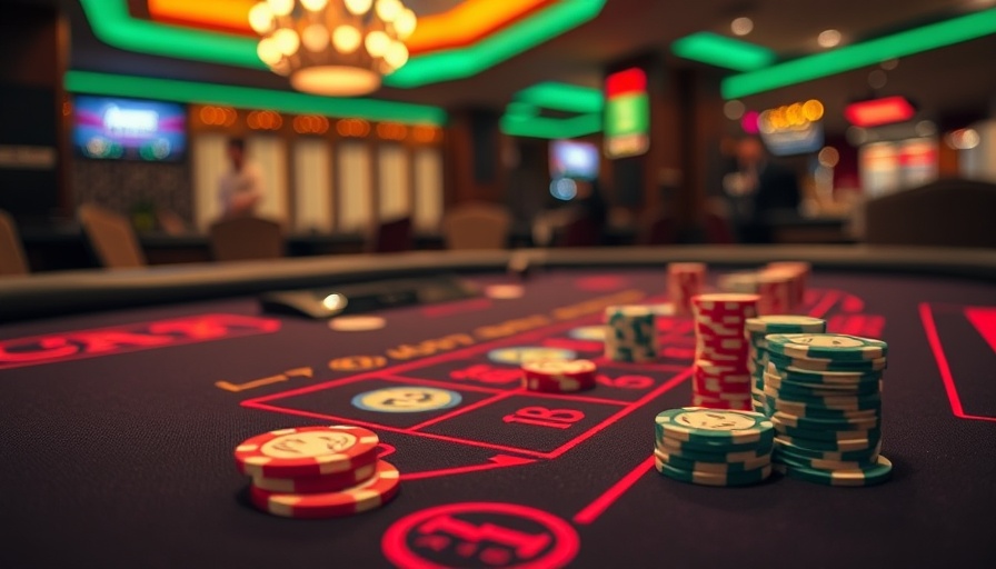 Close-up of a blackjack table in a California tribal casino with poker chips.