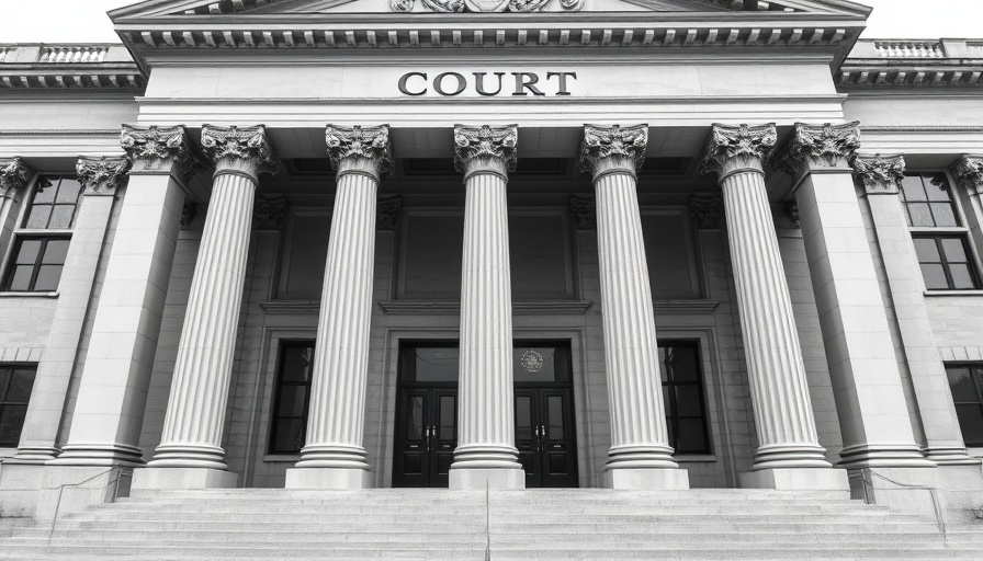Courthouse facade related to protonitazene death case, grayscale imagery.