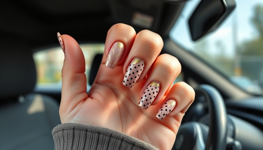 Elegant nude nails with gold accents inside a car, showcasing style.