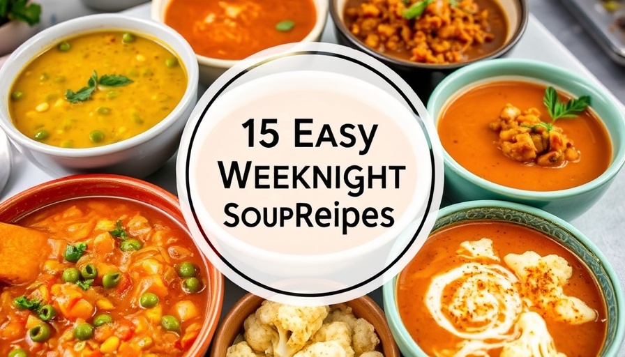 Collection of colorful soups with text overlay: kid-friendly soup recipes North County San Diego.
