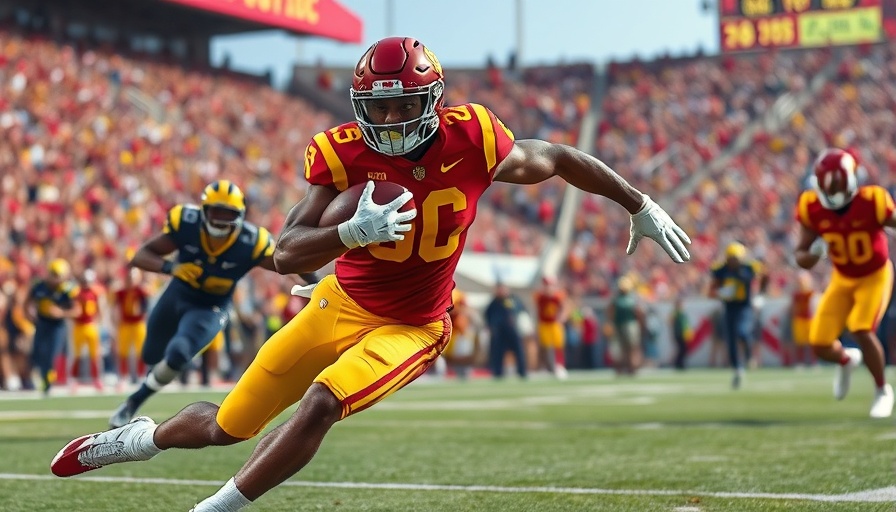 USC football player evades Michigan tackle in thrilling victory.