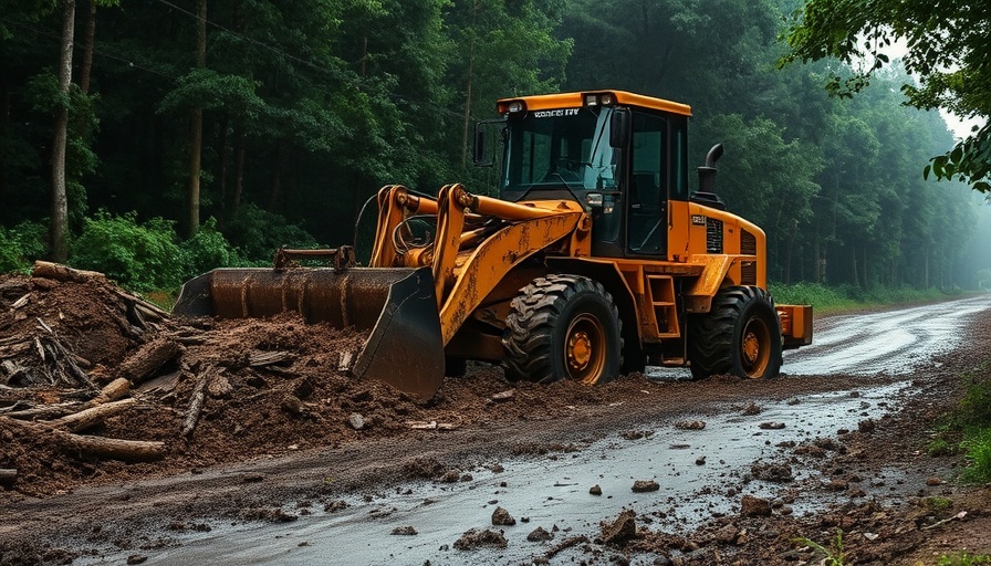 Heavy rainfall aftermath with bulldozer in LA County forest, flood cleanup.