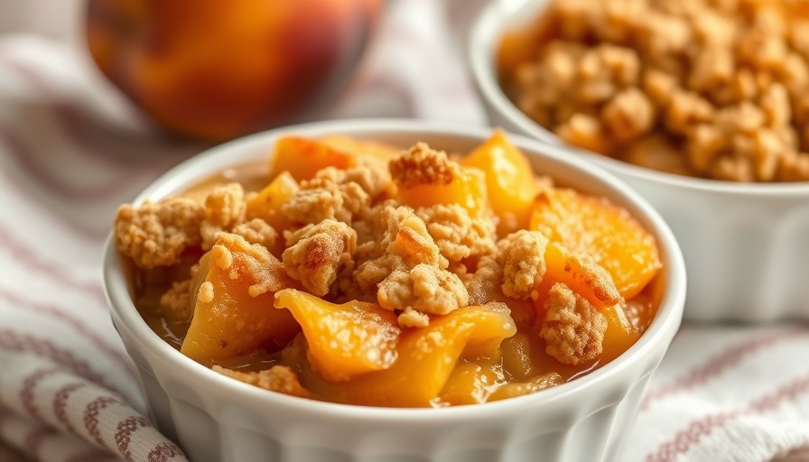 Peach crisp dessert in bowls with a ripe peach and cloth for a peach crisp recipe.