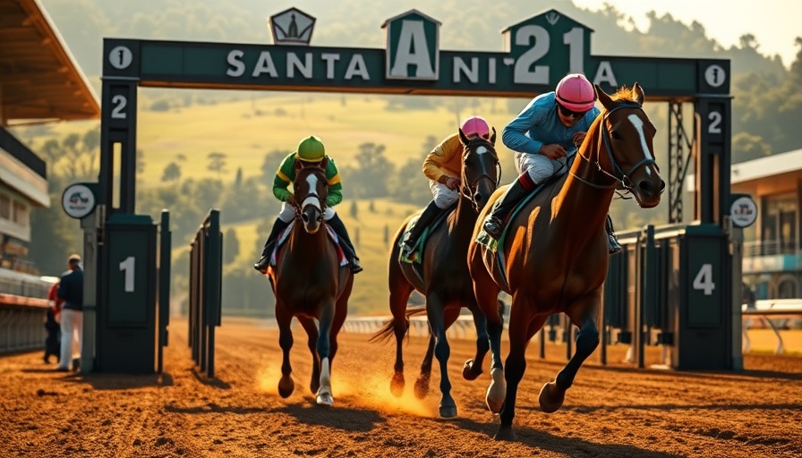 Santa Anita horse racing picks scene with jockeys and starting gates.