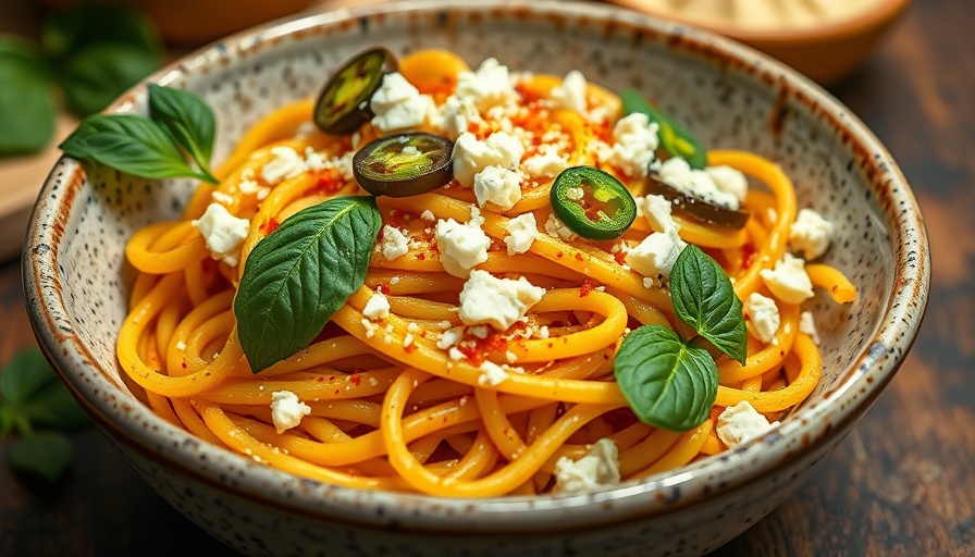 Spicy Brown Butter Goat Cheese Pasta with jalapenos and herbs.
