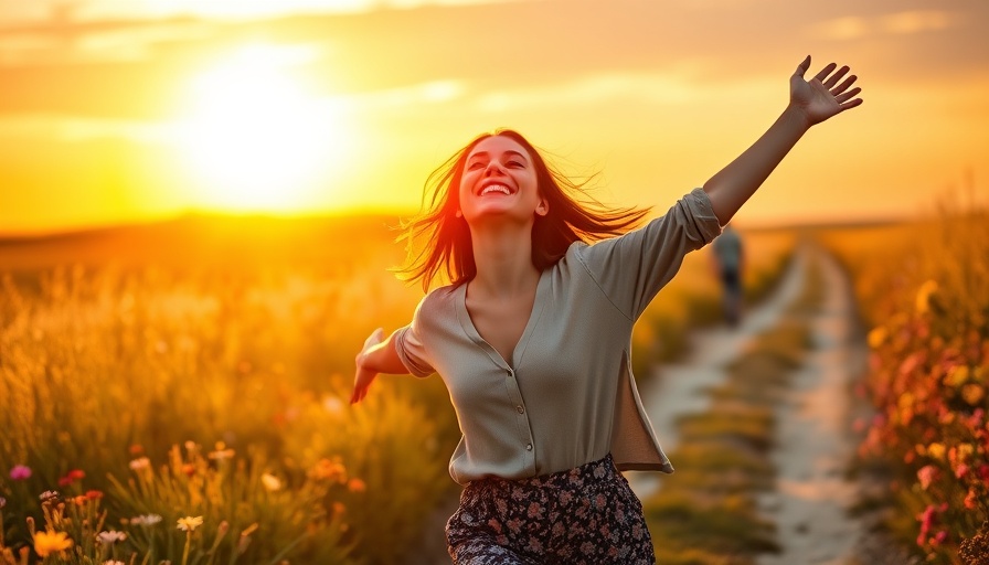 Joyful woman in meadow walking towards sunrise, health and wellness.