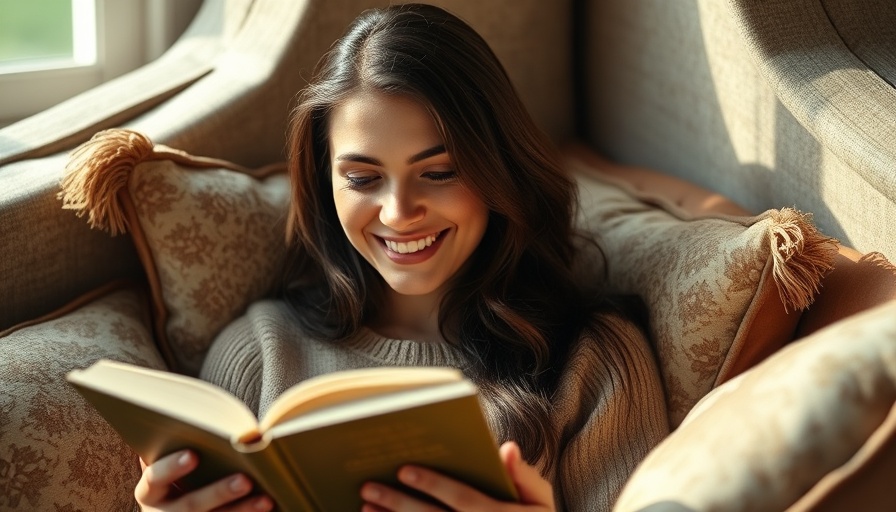 Joyful woman enjoying reading suggestions in San Jose nook.
