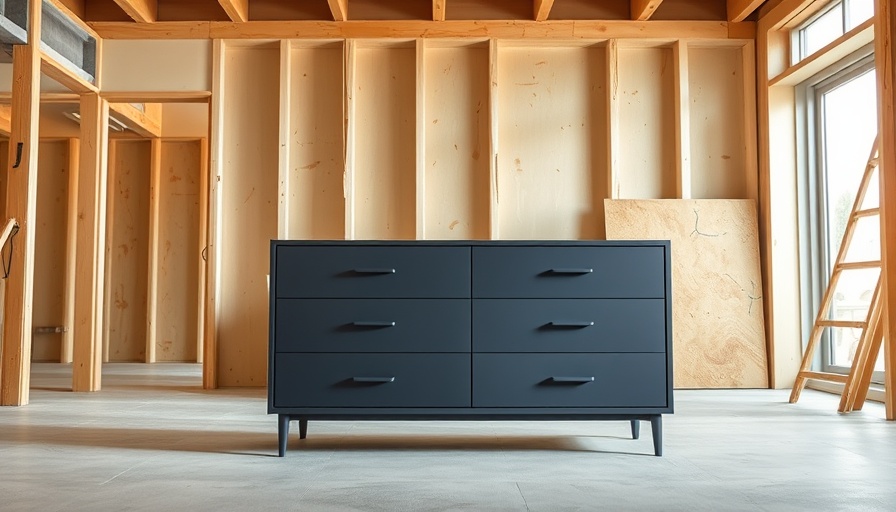 Blue-gray dresser showcasing color options in a construction area.
