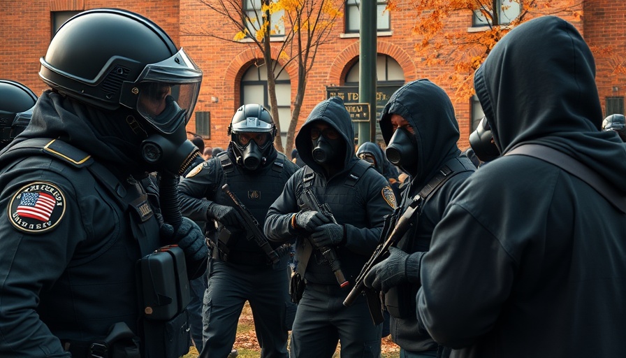 Tactical officers in masks confront protesters outside.