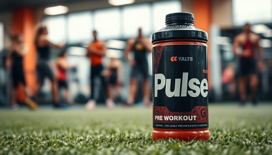 Pre-workout drink on gym turf with people in the background.