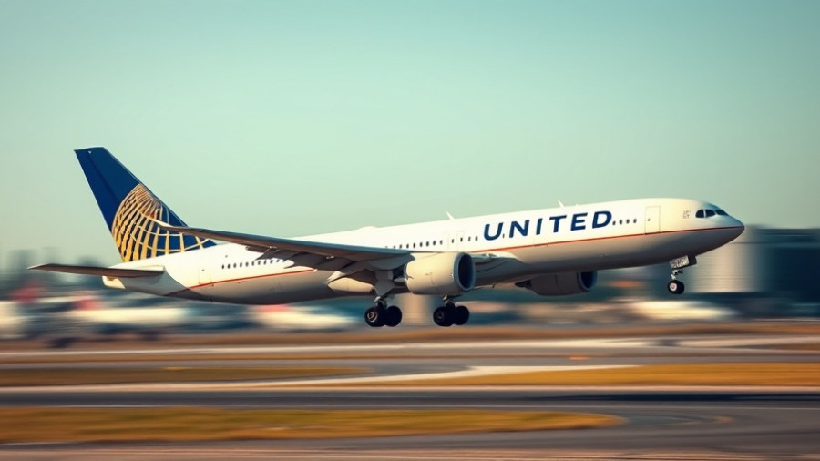 United Airlines plane taking off at airport runway.