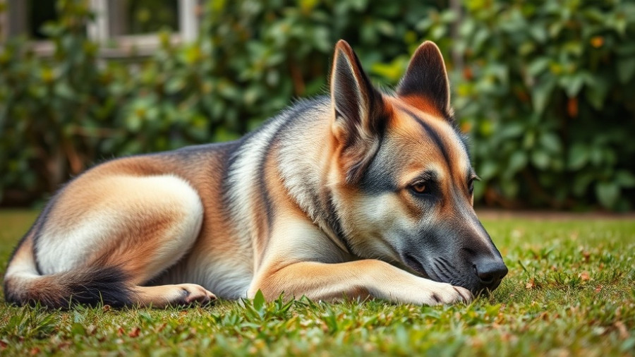Calm Norwegian Elkhound relaxing in a garden, suitable for adoption.