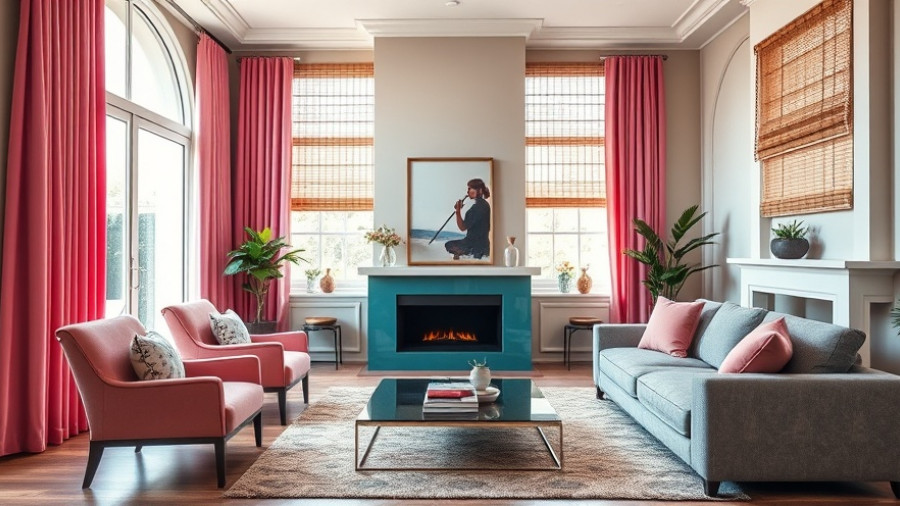 Modern living room with stylish window treatments in pink and wood shades