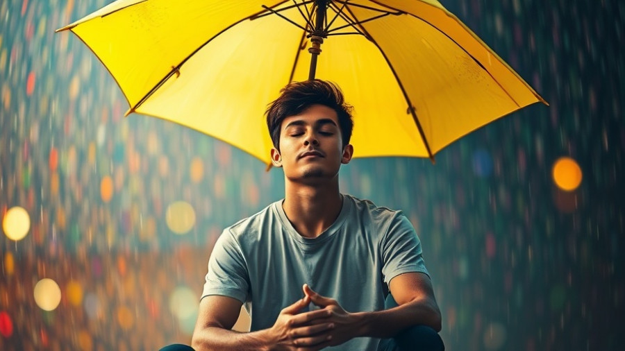 Young man meditating with umbrella in colorful rain art, health and wellness