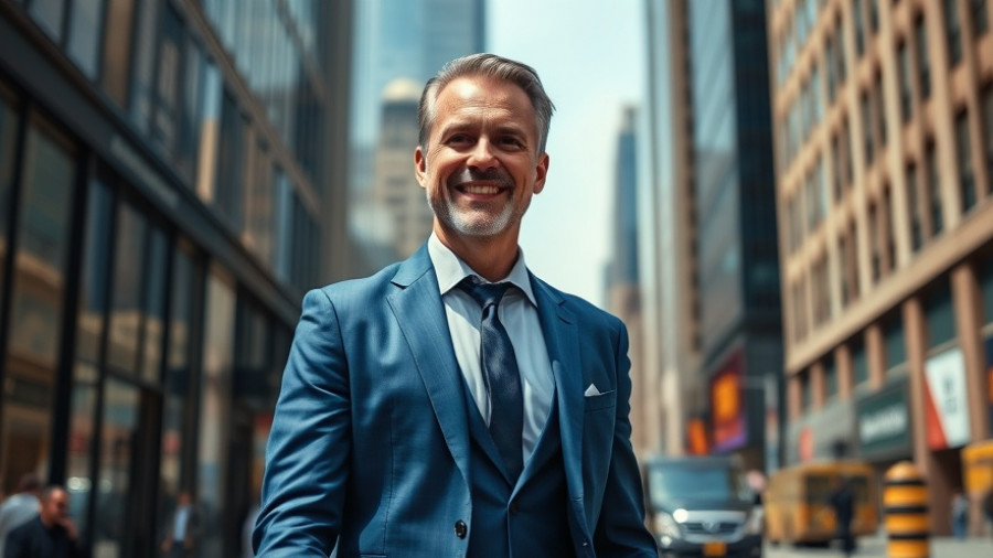 JB Pritzker walking through urban area, surrounded by skyscrapers.