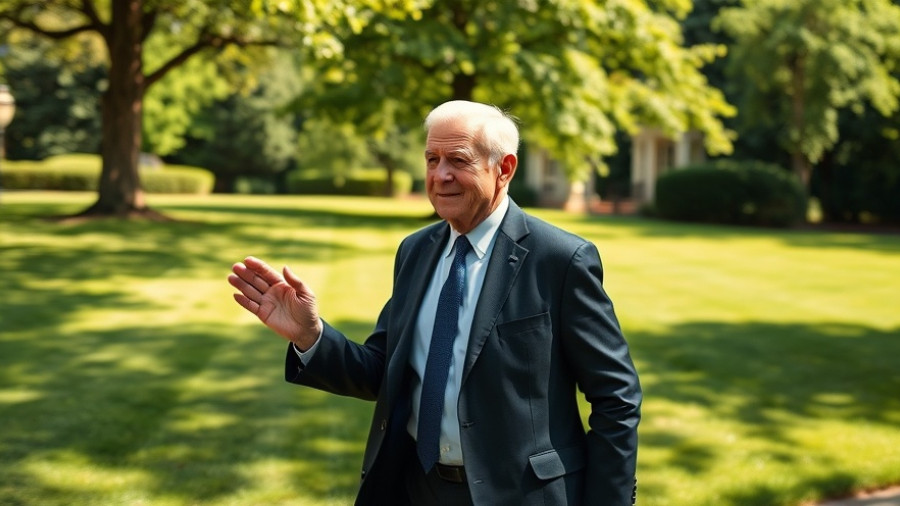 Man in a dark suit waving on a sunny day with green lawn and trees.