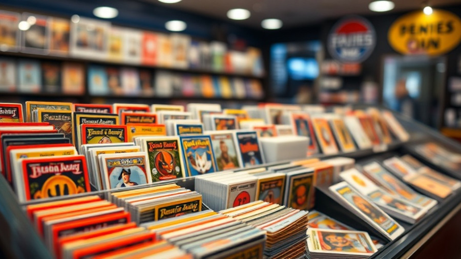 Trading cards holiday sales display with price tags.