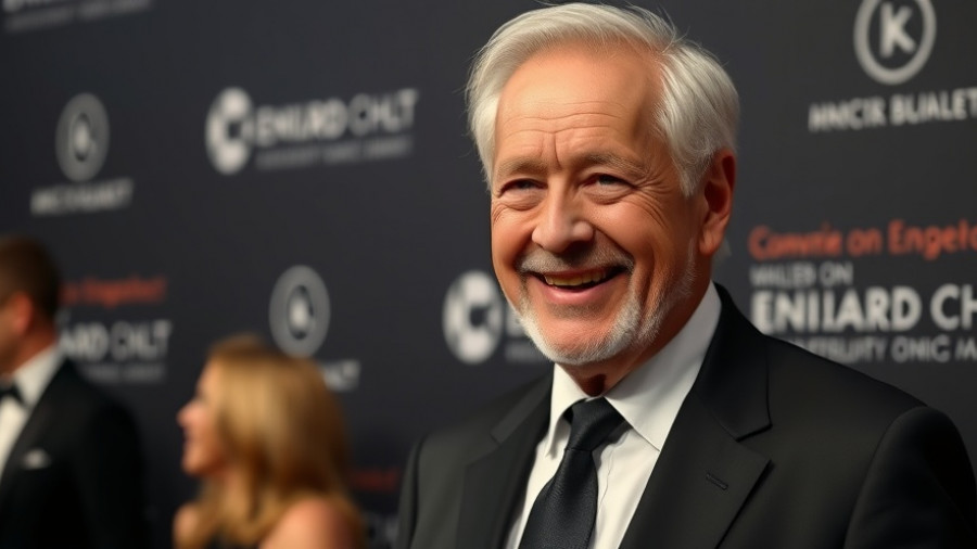 Smiling man at event, suited, dark backdrop.