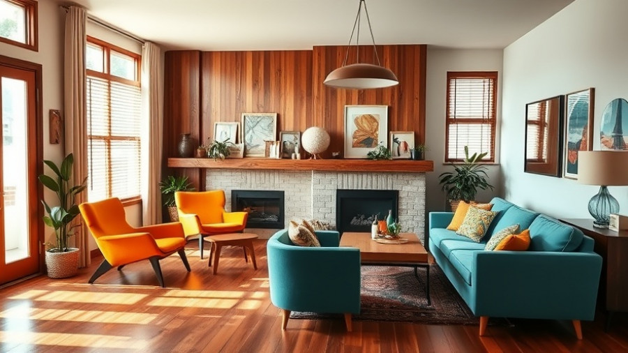 Cozy mid-century modern living room with vibrant decor and lamp