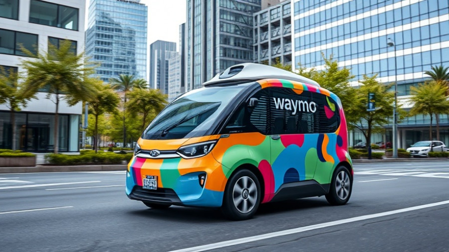 Waymo autonomous vehicle with colorful design on city street, growth in transport tech.