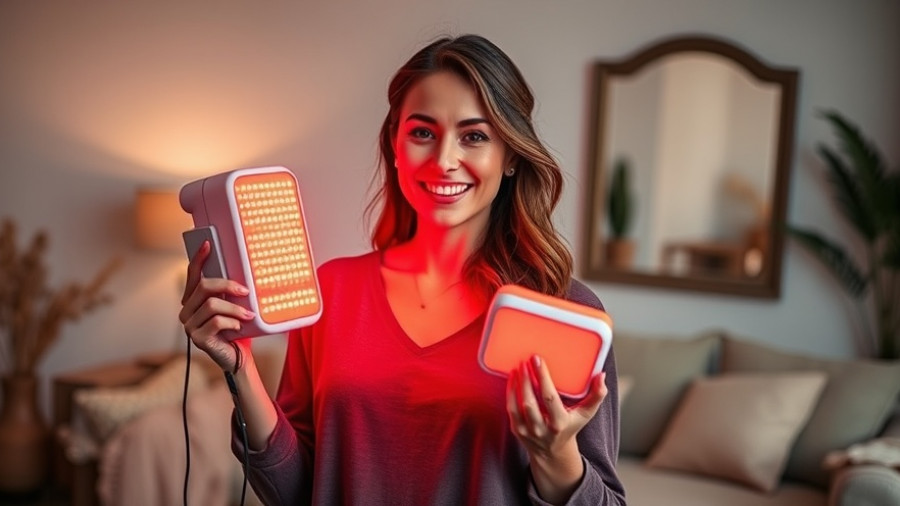 Red light therapy at home: Smiling woman with therapy devices.