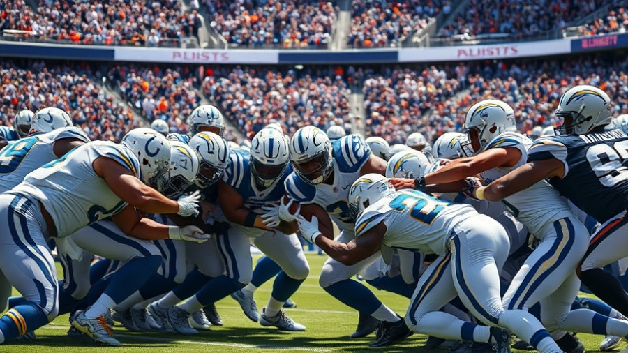 Trench Warfare in Colts vs Chargers Game: Players in intense battle.