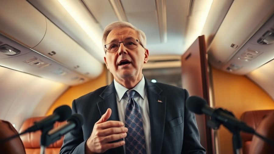 Man discussing passionately inside airplane cabin on Argentinian beef import strategy.